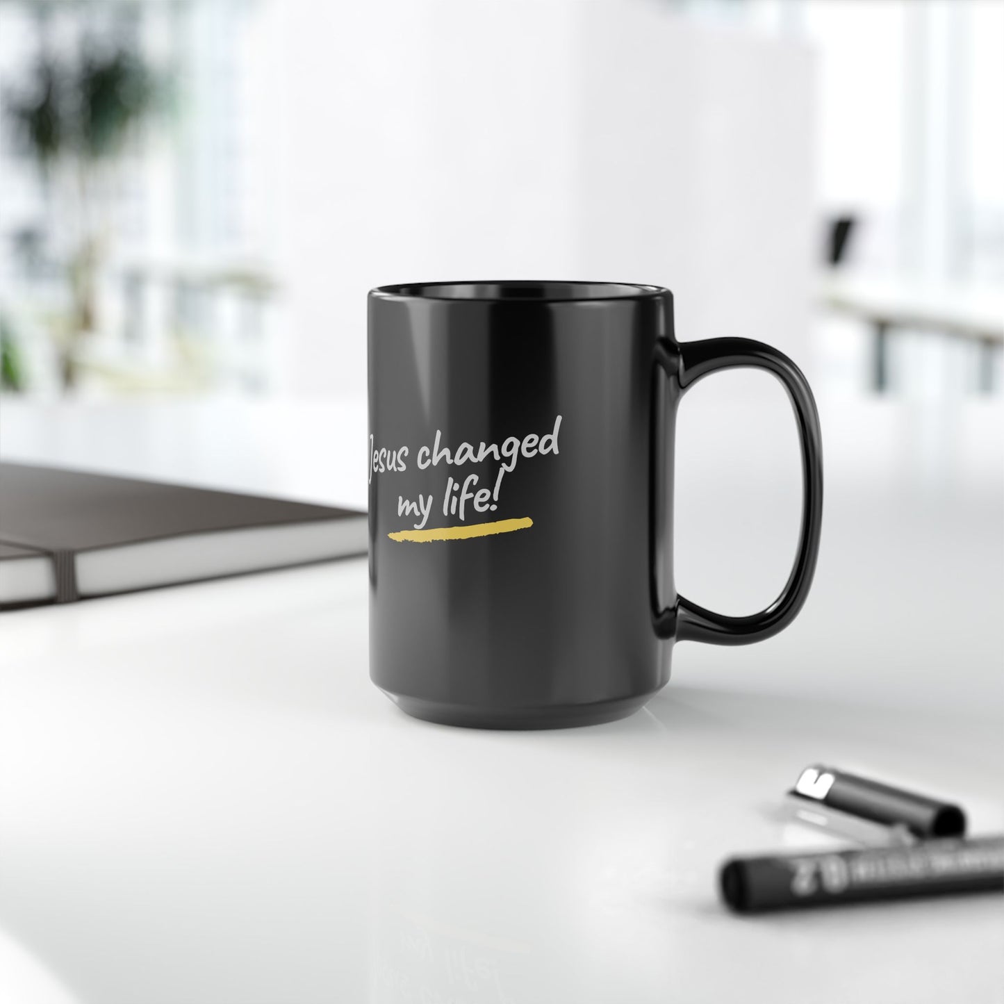 Jesus Changed My Life Black Mug, 15oz