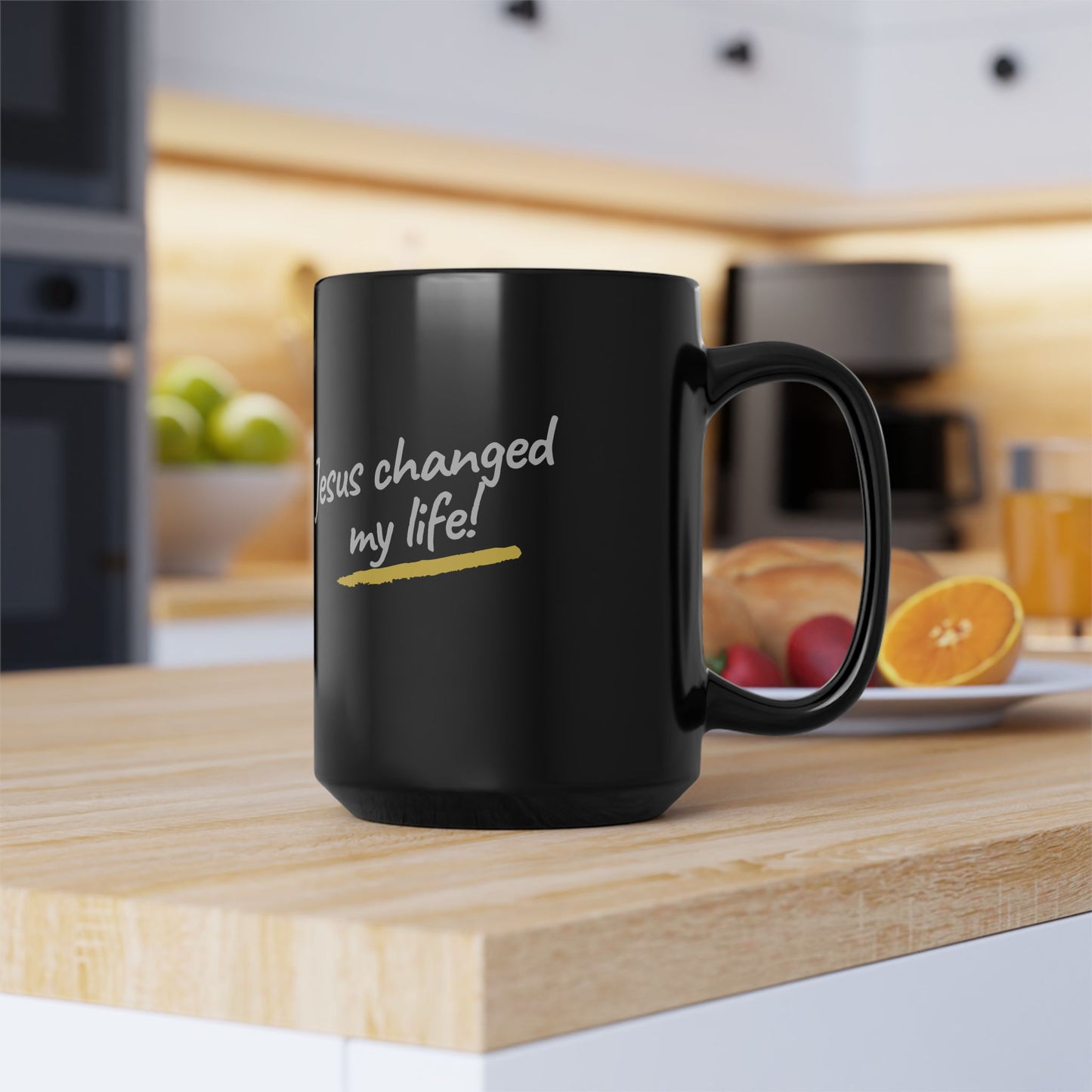 Jesus Changed My Life Black Mug, 15oz