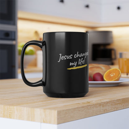 Jesus Changed My Life Black Mug, 15oz