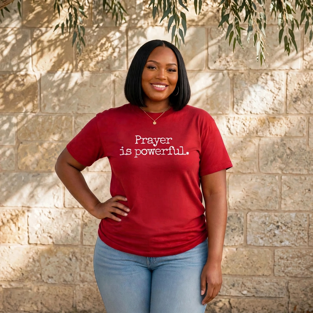 Black woman with sleek black bob wearing red Prayer is powerful Christian t-shirt, hand on hip, beige limestone wall background, Pleasant Inspired Apparel