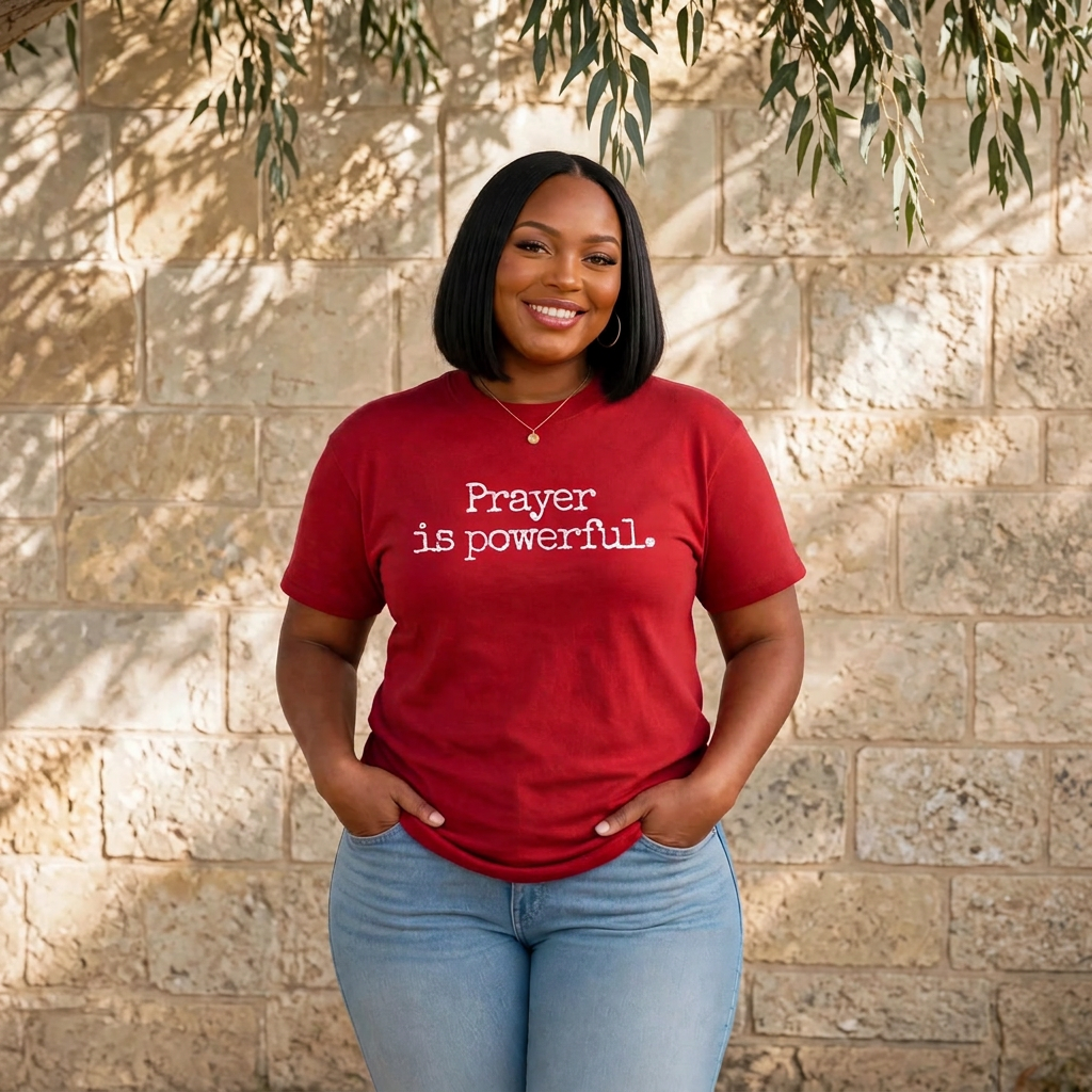 Black woman wearing red Prayer is powerful faith t-shirt with white distressed text, hands in light wash jean pockets, natural outdoor lighting